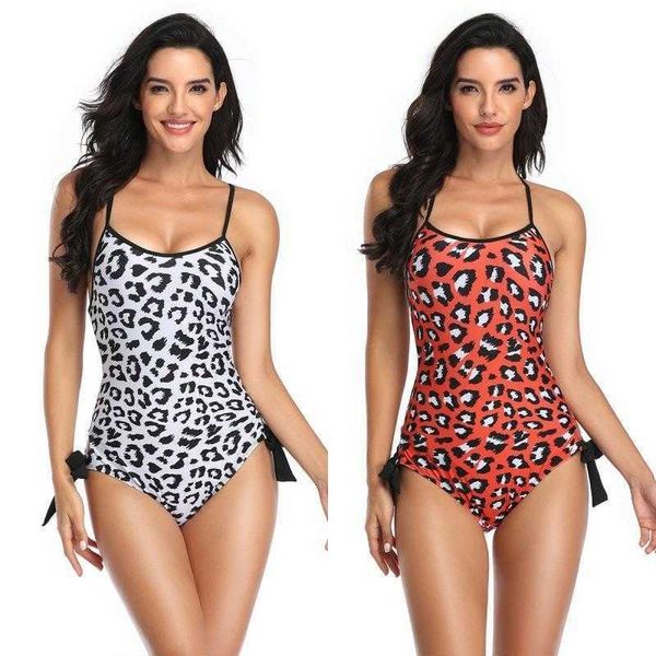 

womens one piece leopard print swimsuit drawstring backless, White;black
