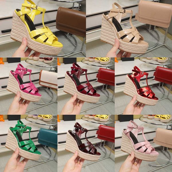 

23s cassandra wedge espadrilles designer sandals tribute leather pumps straw weaving party wedding dress shoes ankle strap platform saint gl, Black