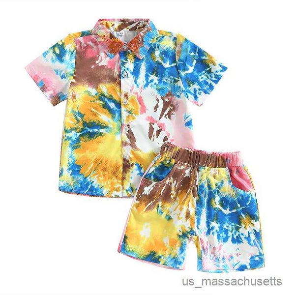

clothing sets kids boys summer clothes tie-dye print short sleeve turn-down collar shirts elastic waist shorts beach style suit, White