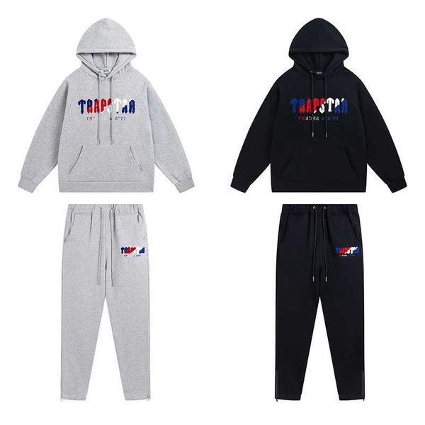

designer clothing men's sweatshirts hoodie trapstar blue red towel embroidery fashion brand loose casual plush hooded sweater pants set, Black