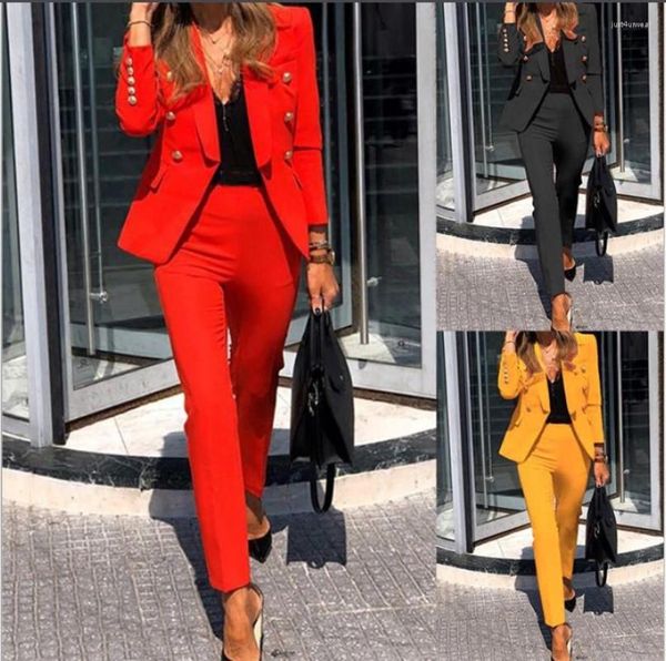 

women blazer suit set solid color fake flap pockets two-piece lapel buttons jacket pencil pants women dress blazer wedding, White