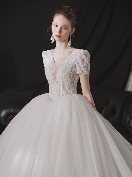 

luxury wedding dress illusion v-neck short sleeves lace up backless sequined beading applique vintage elegant women bridal gowns, White