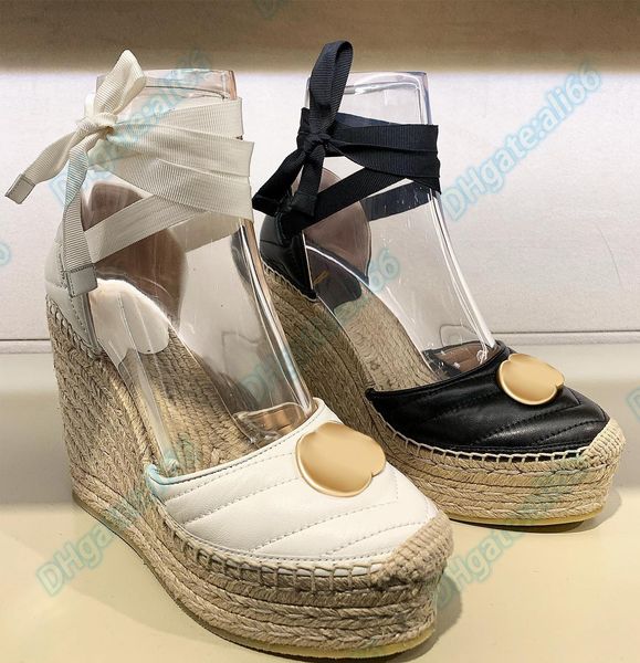 

luxury designer wedge espadrille sandal for woman man summer outside fashion slipper slide with ribbon tie leather confort high heel sandale, Black