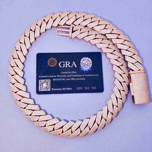 

rose gold plated cuban link chain 3rows 20mm wide 24inches moissanite cuban chain necklaces with gra certificateains, Silver