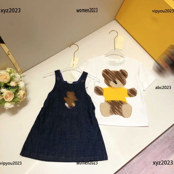 

tracksuits kids designer clothes girl suspender skirt sets baby short sleeved suits 2pcs animal printed t-shirt and denim dress, White