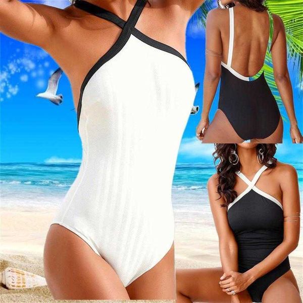 

pass swimsuit womens black and white stitching one piece solid color fashion bikini, White;black