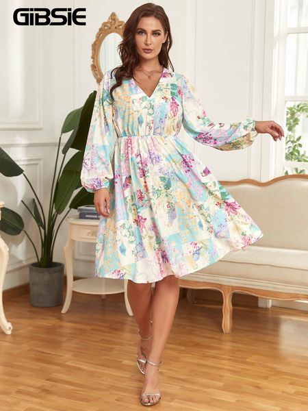 

plus size dresses gibsie plus size v neck floral print lantern sleeve dress 3xl 4xl women spring fall casual elastic a-line dresses 230506, Black