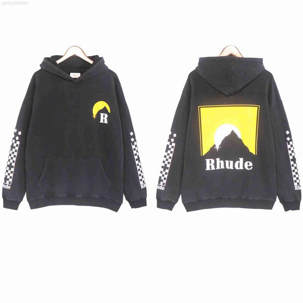

men's hoodies sweatshirts rhude sunset print rhude hoodie men women washed vintage oversized pullover hoodie, Black