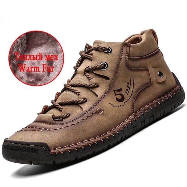 

classic winter mens boots breathable men ankle boots thick plush warm snow boots leather autumn outdoor man motorcycle boots, Black