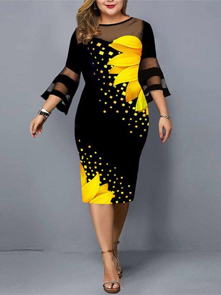 

plus size dresses lace dresses plus size woman casual flower print mesh midi lace sleeve party christmas dress for year clothing 230506, Black