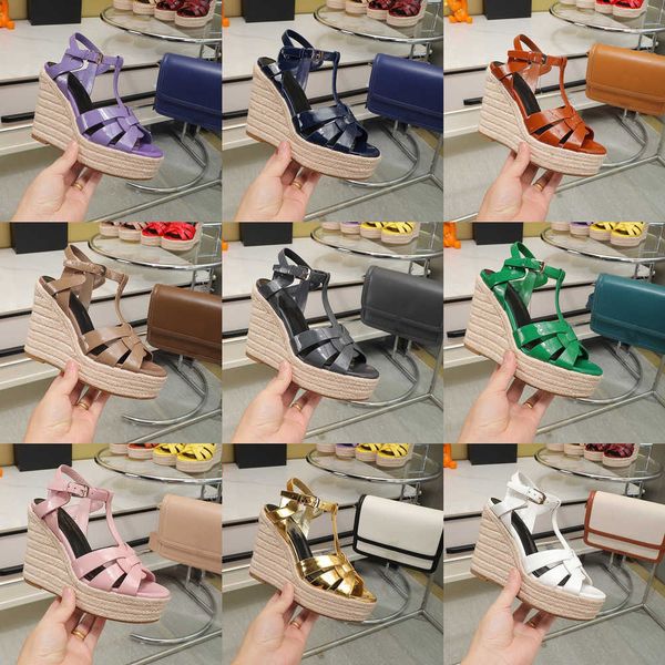

brand name lady wedges tribute leather straw woven braided wedge espadrille famous sandals women wedge sandal high heels 14cm shoes luxury d, Black