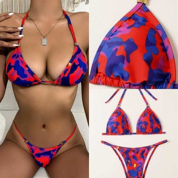 

split camouflage womens swimsuit drawstring halter bikini wholesale, White;black