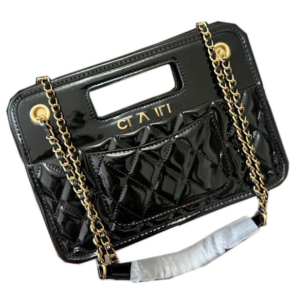

23p women designer small shopping bag patent/calfskin leather black metal hardware gold letter matelasse chain shoulder handbag patchwork pu