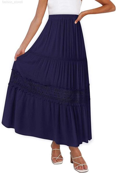 

zesica women's 2023 summer bohemian solid color lace trim flowy a line beach long maxi skirt with pockets, Black;gray