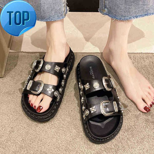 

sandals sandals summer women slippers rivets punk rock leather platform mules creative metal fittings casual party shoes femalee, Black