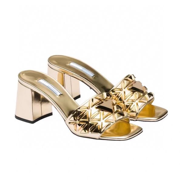 

triangle metal buckle slipper cut out high heel slippers 6.5cm block chunky heels womens sandal pumps classic silver gold metallic mules des, Black