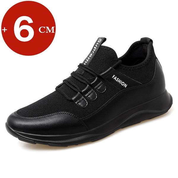 

genuine leather elevator sneakers man height increase insole 6cm black shoes taller men leisure fashion tall shoes
