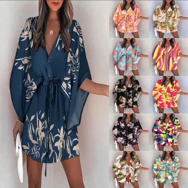 

summer boho mini dress women flora print batwing sleeve lace-up v neck loose button es ladies beach party vestido, Black;gray