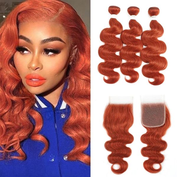 

350 ginger bundles human hair body wave bundles with 4x4 lace closure sew in weave unprocessed 10a brazilian virgin soft ginger orange hair, Black