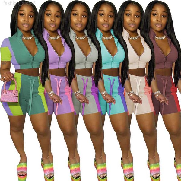 

designer summer women plus size tracksuits two piece sets 3xl 4xl short sleeve jacket and shorts matching outfits patchwork suits sportswear, Gray