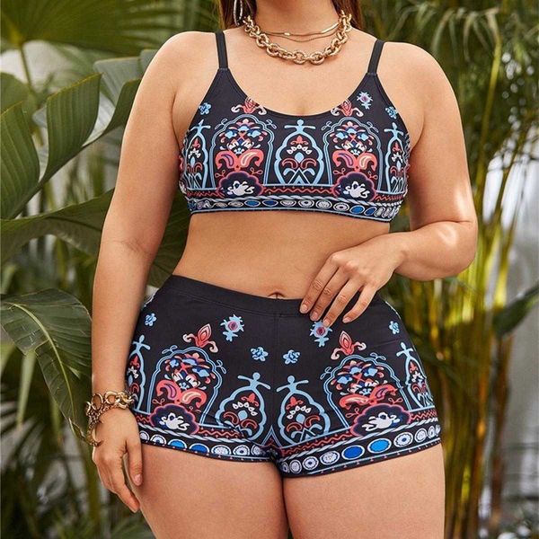

bikini boxer swimsuit vintage print plus floral sized xl women, White;black