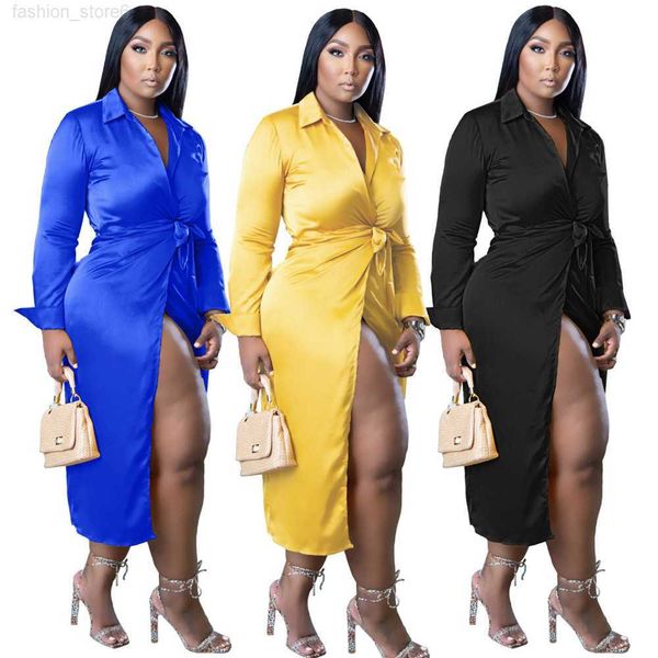 

designer satin dresses for women 2023 fall winter clothes 2xl long sleeve shirt dress casual silk loose bandage dress elegant party club wea, Black;gray