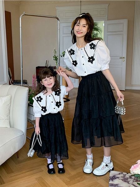 

family matching outfits parent-child wear mother and daughter korean version girls small fragrance suit shirt skirt two-piece set summer 230, Blue