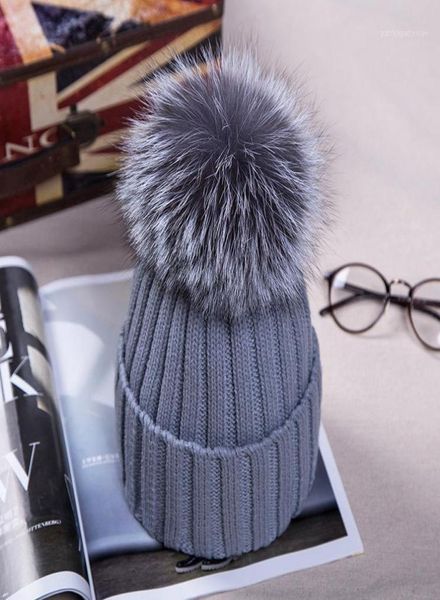 

15cm real fur ball cap pom poms winter hat for women girl 039s wool knitted cotton beanies brand thick female5359396, Blue;gray