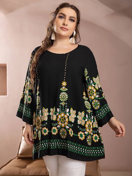 

women's plus size tshirt 5xl blouse shirt women summer o neck long sleeve floral print casual loose oversized ladies tunic 230506, Black