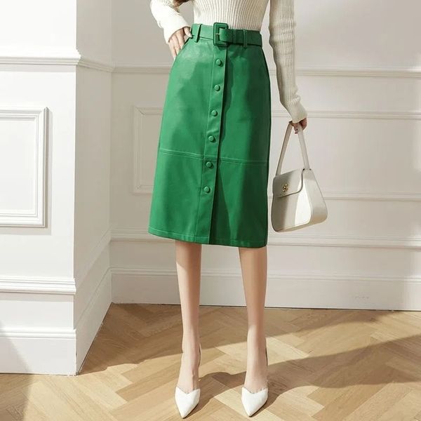 

skirts autumn mid length split-step pu leather a-line skirt women 230506, Black