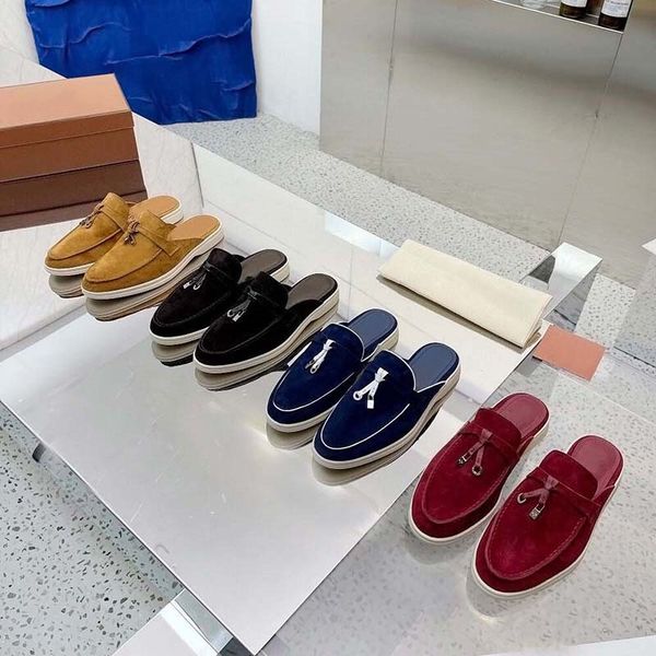 

designer shoes lp slipper men suede loafers summer charms embellished walk shoe apricot leather casual shoe slip on flats lady luxury shoes, Black