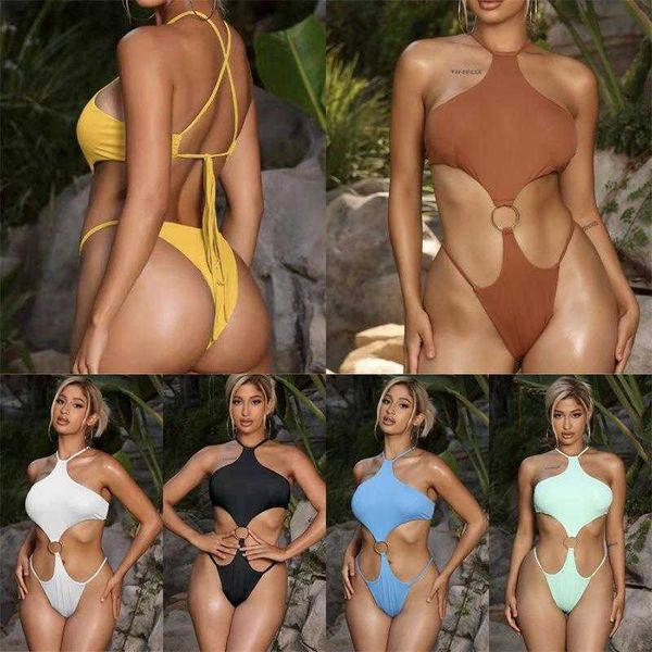 

one piece swimsuit bikini womens pure color halter wholesale, White;black