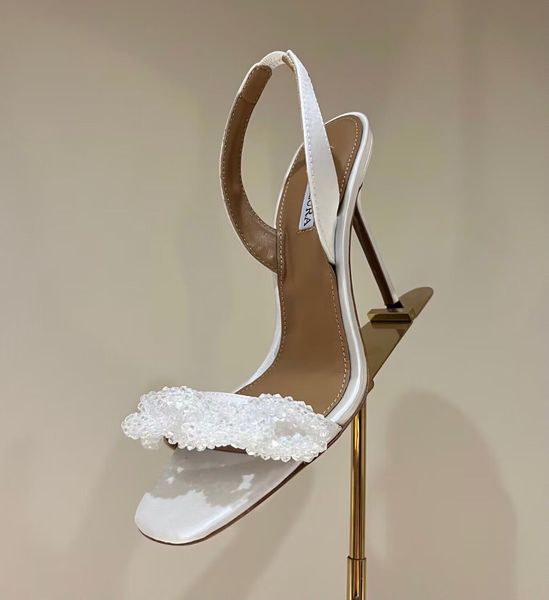

sandals women summer shoes aquazzura chain of love embellished high heels elasticated slingback strap evening dress lady walking 88, Black
