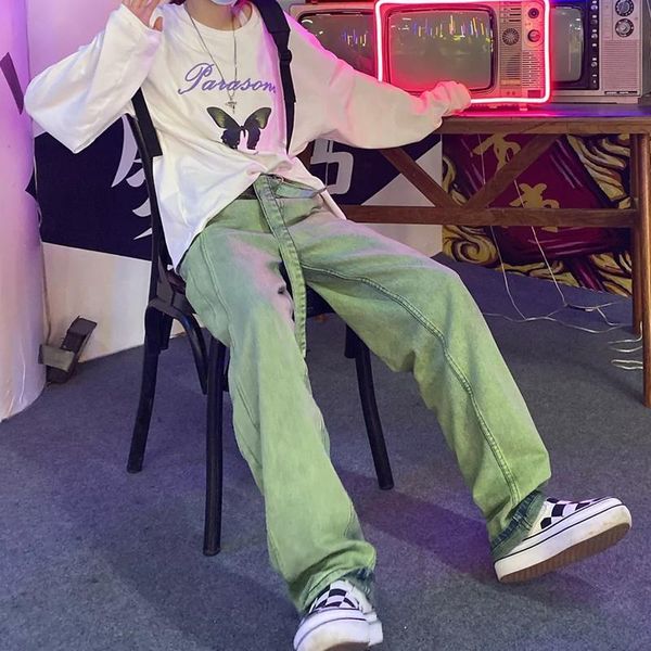 

jeans houzhou green jeans women y2k baggy streetwear hiphop high waist denim pants harajuku vintage loose trousers female korean style, Blue