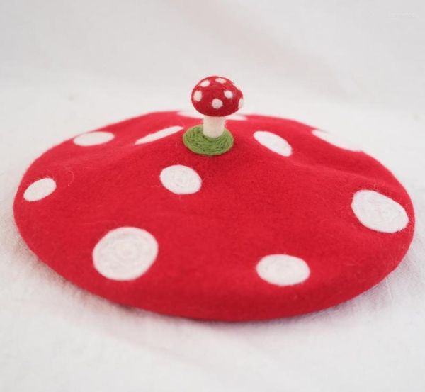 

berets handmade wool felt beret with mushroom on creative painter hat birthday gift red cap of child yayoi kusama elementberet2314305, Blue;gray