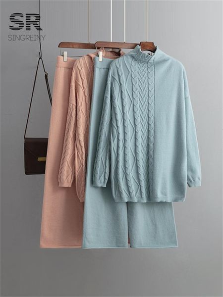 

pants singreiny loose sweater women two piece suits long sleeve turtle wide leg long pants elegant knit casual winter warm sets, White