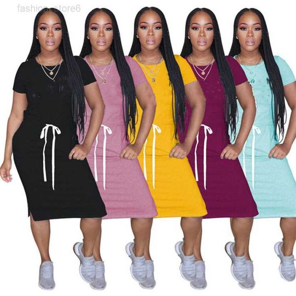 

plus size summer women one-piece dress solid color casual dress short sleeve letter dress trendy bandage black skirt 3145, Black;gray