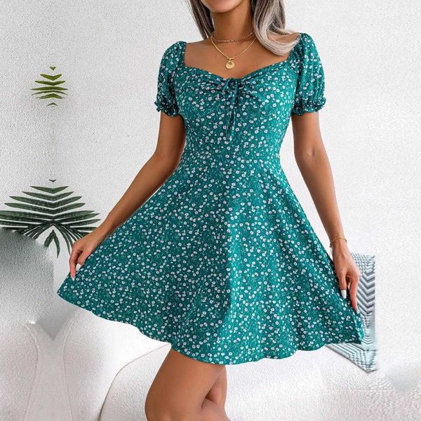 

ficusrong fashion flared sleeve drawstring lace-up floral swing dress women spring summer, Black;gray