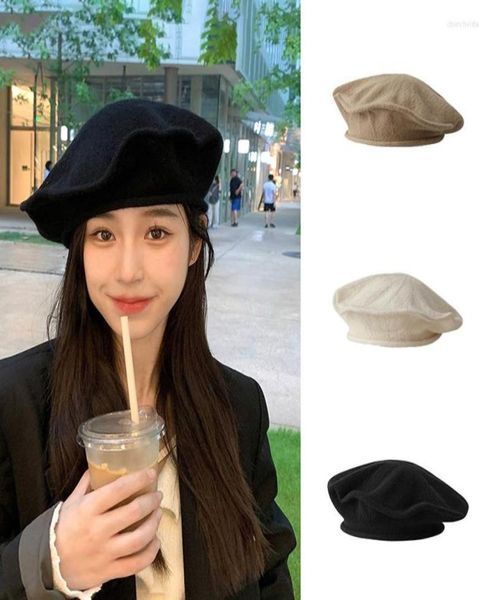 

berets french soft knitted beret women female solid korean knit pleats vacation streetwear painter autumn winter hat whole7922642, Blue;gray
