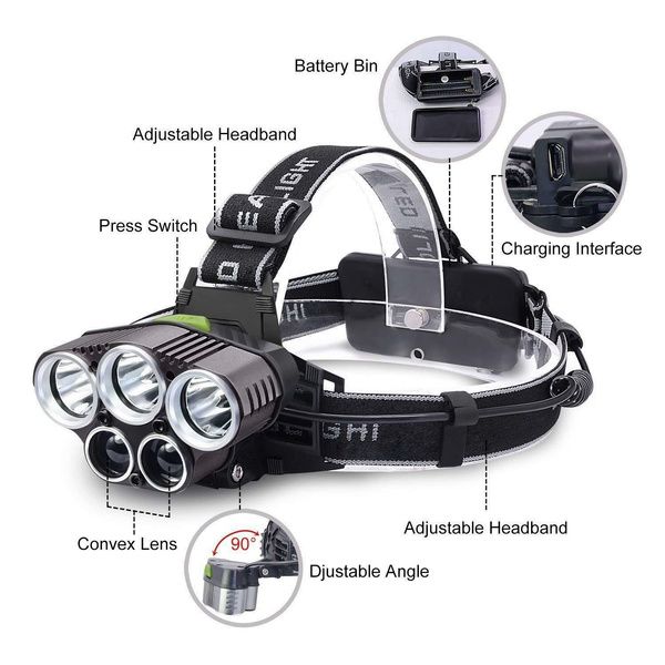 

50000lm 5xt6 led super bright headlamp rechargeable headlight torch 18650