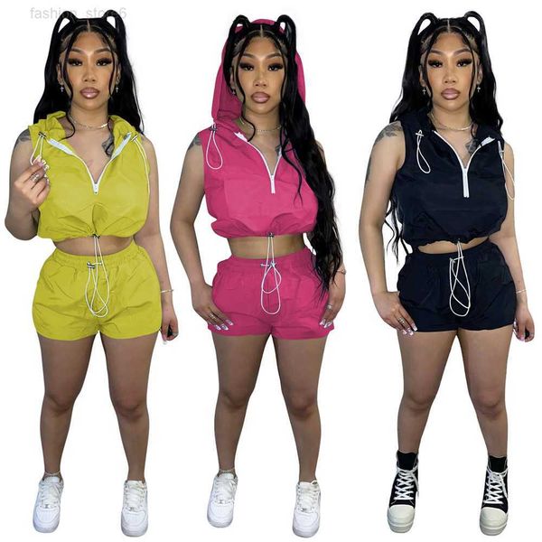 

2023 designer summer outfits women tracksuits two piece set casual sleeveless hooded shirt and shorts solid spring clothes fashion streetwea, Gray