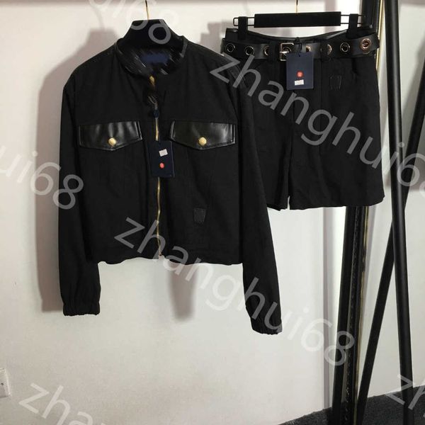 

23ss casual suit womens designer clothing women tracksuit logo print lining leather pocket long sleeve zipper coat belt waist shorts set wom, Gray