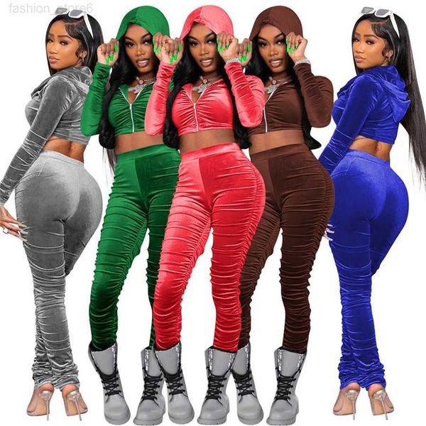 

designer fall winter velvet tracksuits women sweatsuits long sleeve hooded jacket and stacked pants two piece sets outfits casual sports sui, Gray