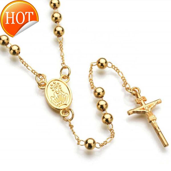 

religious stainless steel bead chain jesus cross christian rosary necklace, Silver