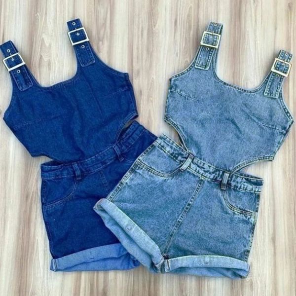 

rompers focusnorm 0-4y summer casual children's denim jumpsuit shorts 2 color sleeveless solid hollow game set 230505, Blue