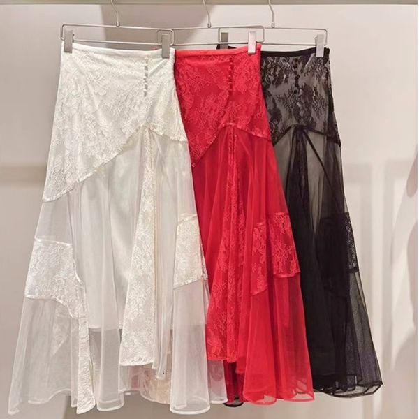 

skirts kuzuwata women sweet irregular tulle lace jupe summer high waist mid-length skirts japan gentle slim fit falda mujer 230506, Black