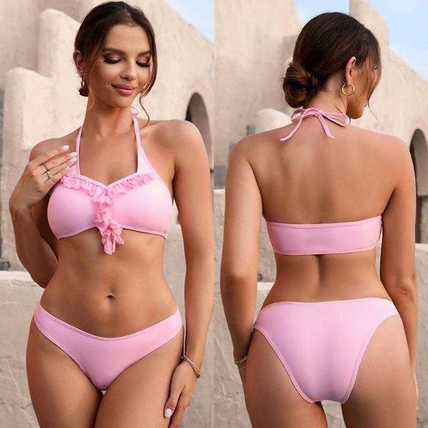

split solid color womens swimwear drawstring halter quick drying wholesale, White;black