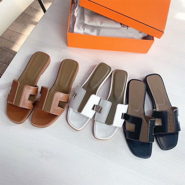

oran sandal luxury designer leather ladies summer flat shoes fashion beach women slippers h letter drag slides flip flops for real leather s, Black