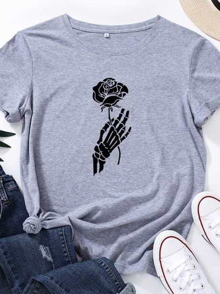 

skull hand rose print men t shirt short sleeve o neck loose men tshirt ladies tee shirt clothes camisetas mujer, White;black
