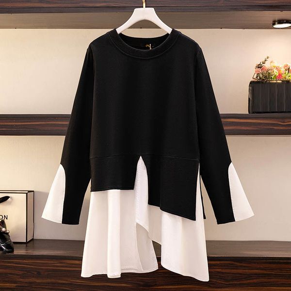 

women's plus size tshirt 150kg bust 153 loose autumn contrast color stitching long sleeve irregular 5xl 6xl 7xl 8xl 9xl 230506, Black